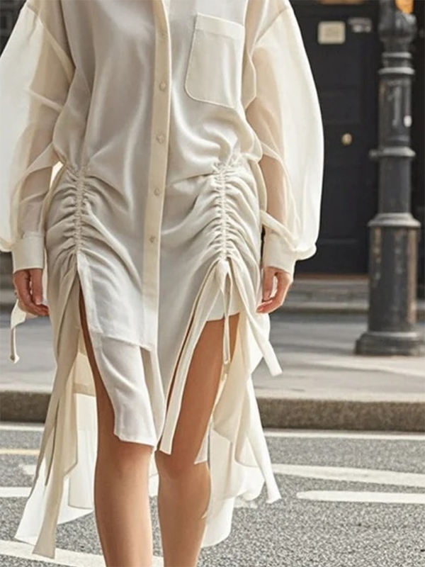 Long Sleeves Loose Buttoned Drawstring Pleated Pockets Solid Color Lapel Midi Dresses Shirt Dress