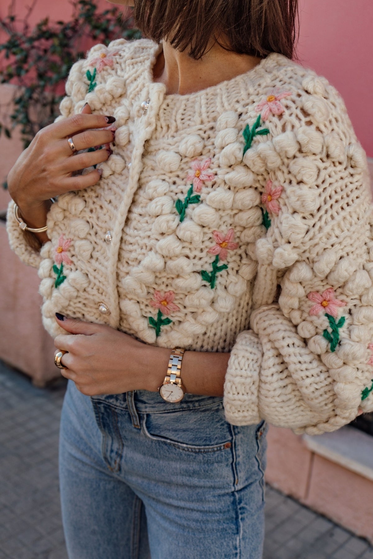 Pom Knit Cardigan Sweater
