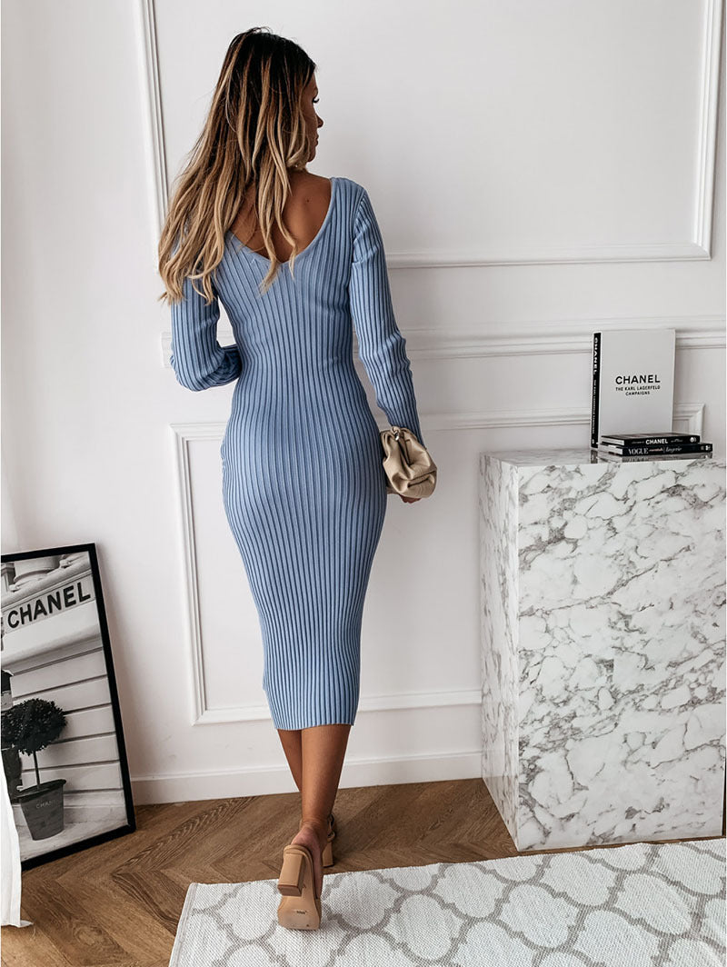 Casual solid color rib low cut V-neck tight long sleeve dress