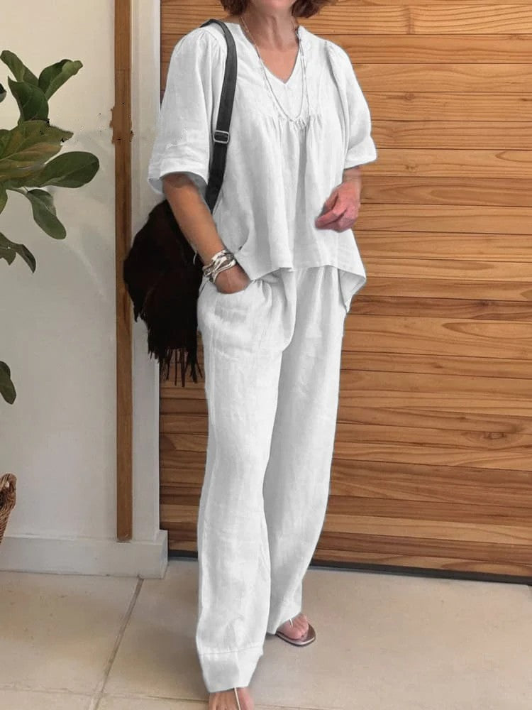 Solid Color Loose Short Sleeve Trousers Set