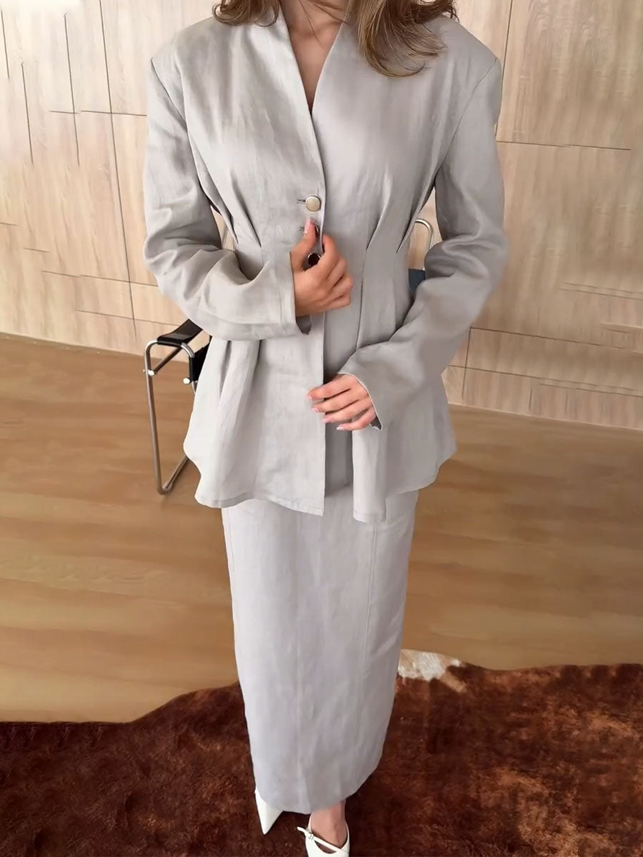 Waist-cinching cotton and linen commuting two-piece set