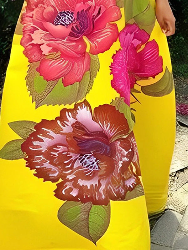 A-Line Sleeveless Flower Print Split-Joint V-Neck Maxi Dresses