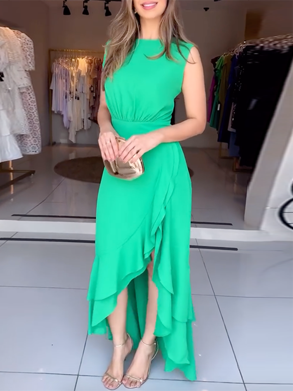 Skinny Sleeveless Solid Color Split-Front Stand Collar Maxi Dresses