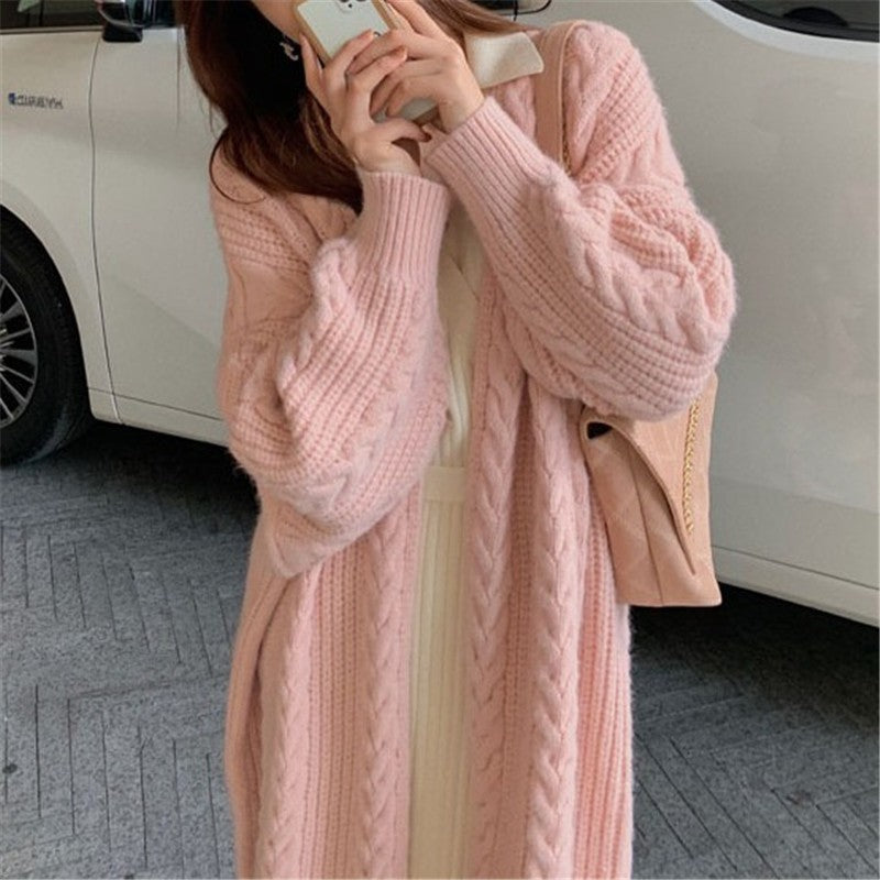 Autumn 2025 New Cross-Border Long Knitted Cardigan Long-Sleeved Lazy Style Twist Sweater Outer Jacket for Women