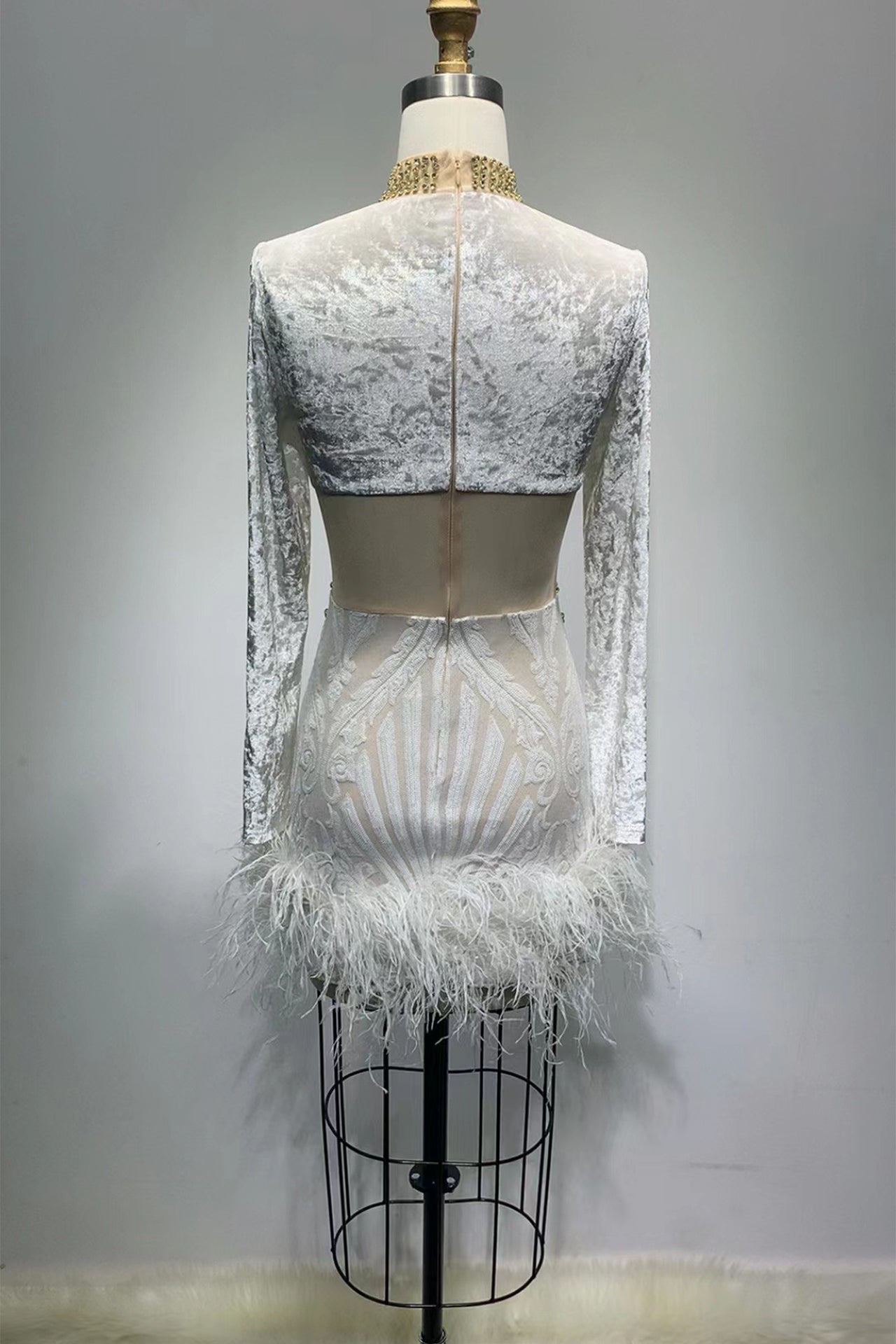 Savannah Long Sleeve Feather Mini Party Dress In White