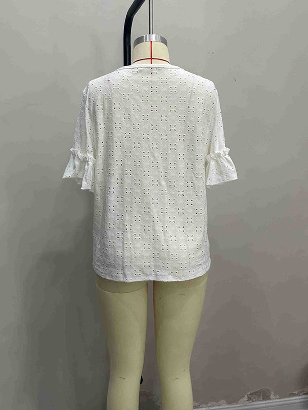 Half Sleeves Loose Hollow Pleated Ruffled Solid Color V-Neck T-Shirts