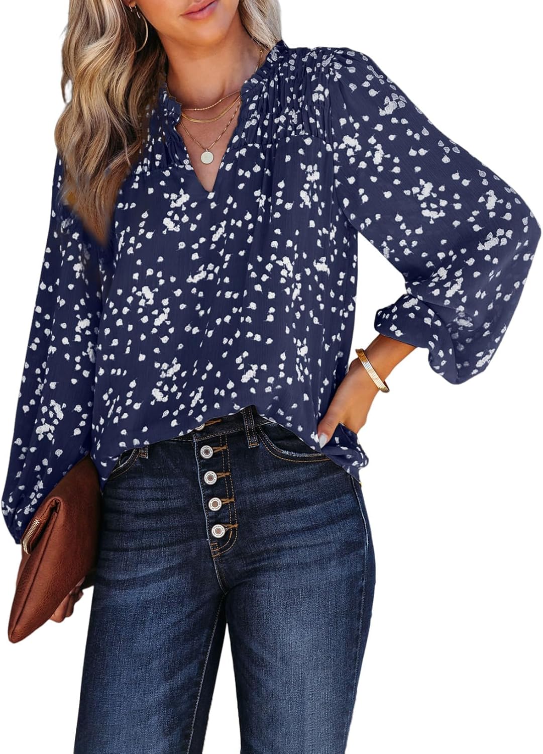 Relaxed V-Neck Floral Print Pleated Long-Sleeved Chiffon Shirt (Buy 2 Free Shipping)