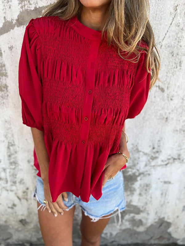 Loose Plus Size Elasticity Pleated Solid Color Round-Neck Blouses&Shirts Tops