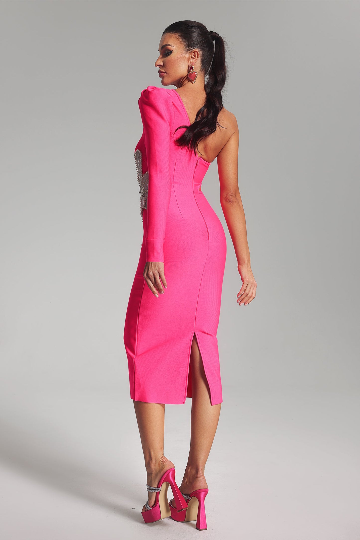 Brook Floral One Shoulder Bandage Dress-Pink