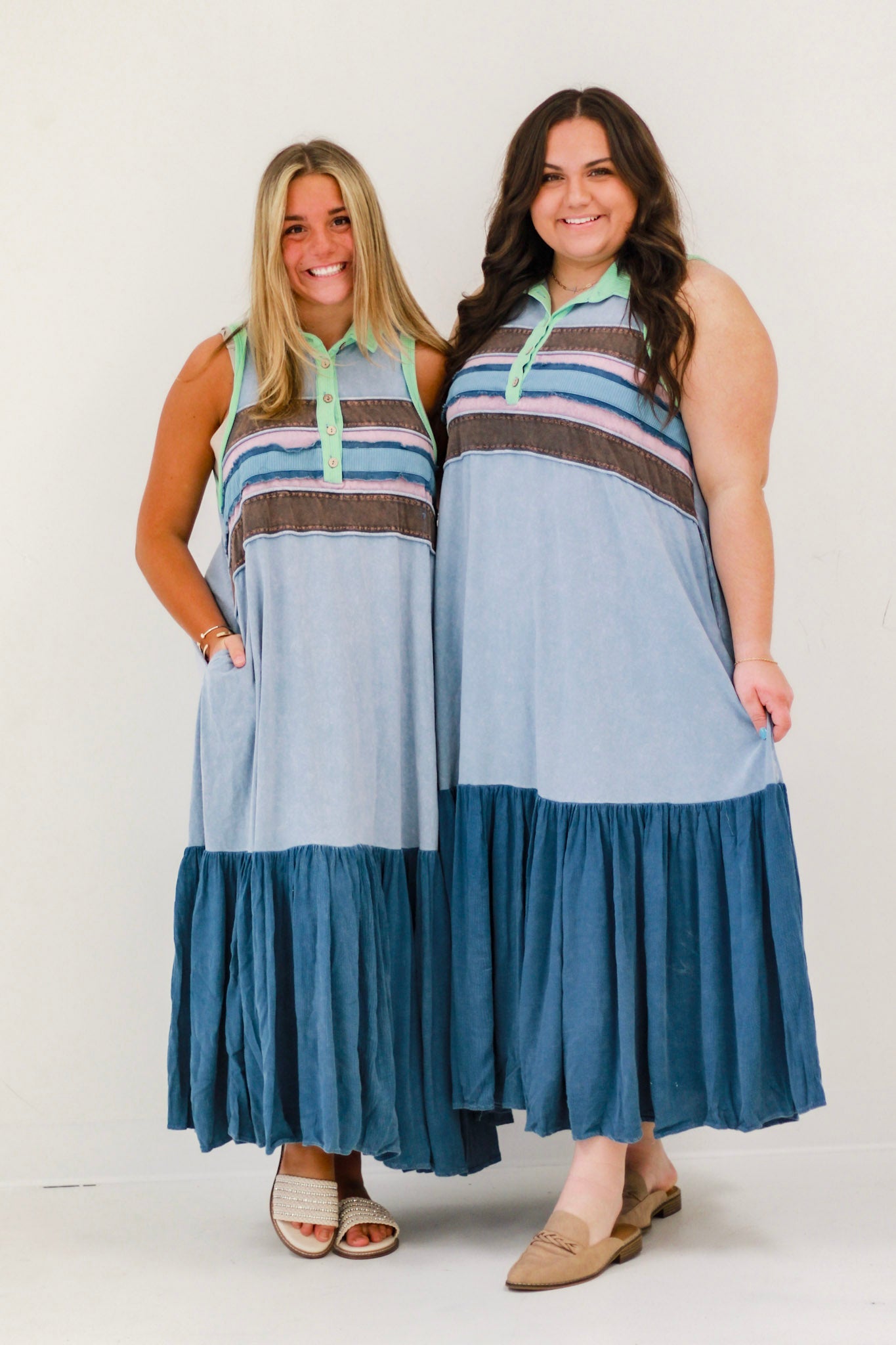 ✨PinkLaura 2025 Washed Contrast Lapel Button Sleeveless Maxi Dress (Buy 2 Free Shipping)