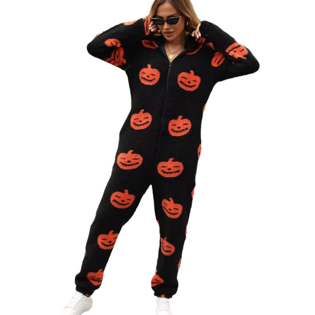Women's autumn and winter New Halloween pumpkin print loose zip plush jumpsuit