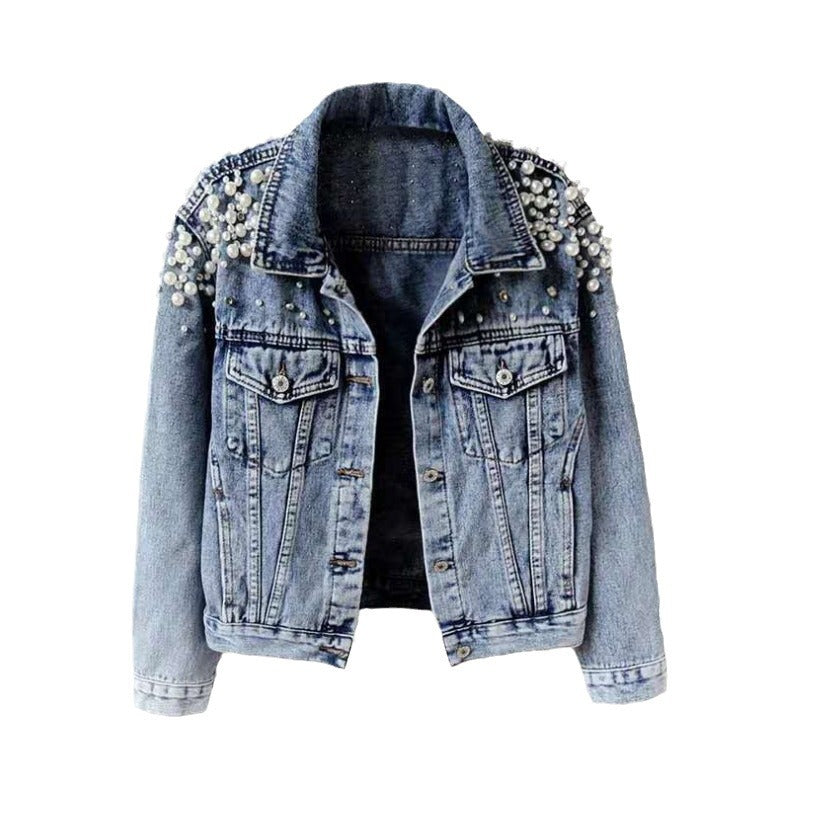 Spring and Autumn New Heavy Industry Beaded Denim Jacket Jacket Big Pearl Denim