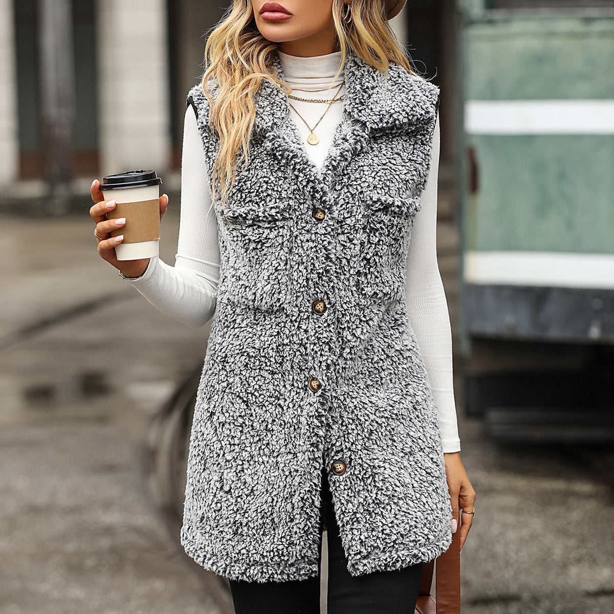 Women's autumn and winter lapel sleeveless long loose casual faded bubble velvet cardigan vest