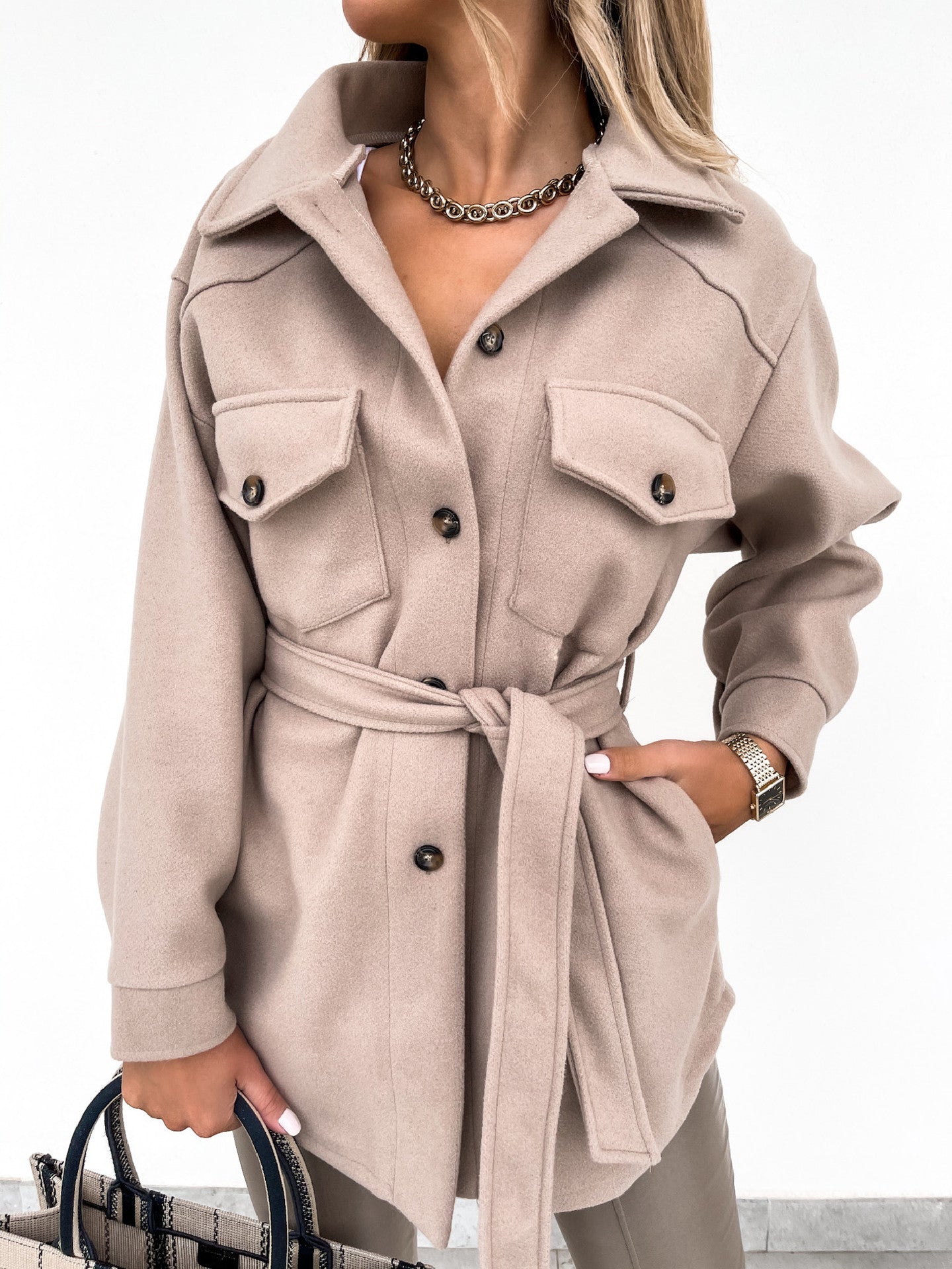 Fall/Winter jacket lapel single breasted thick solid color shirt woolen baggy coat women