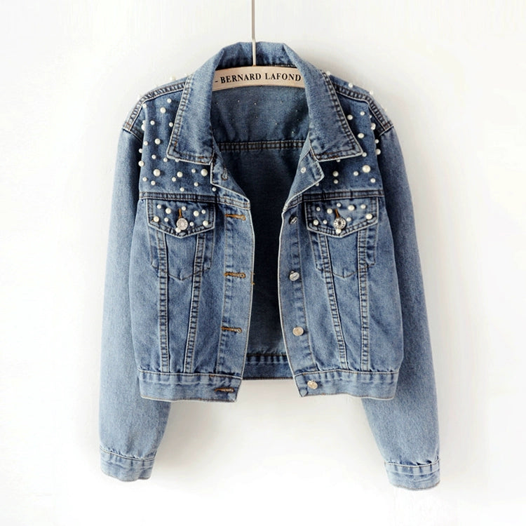 Beaded denim jacket Versatile pearl loose and thin short jacket