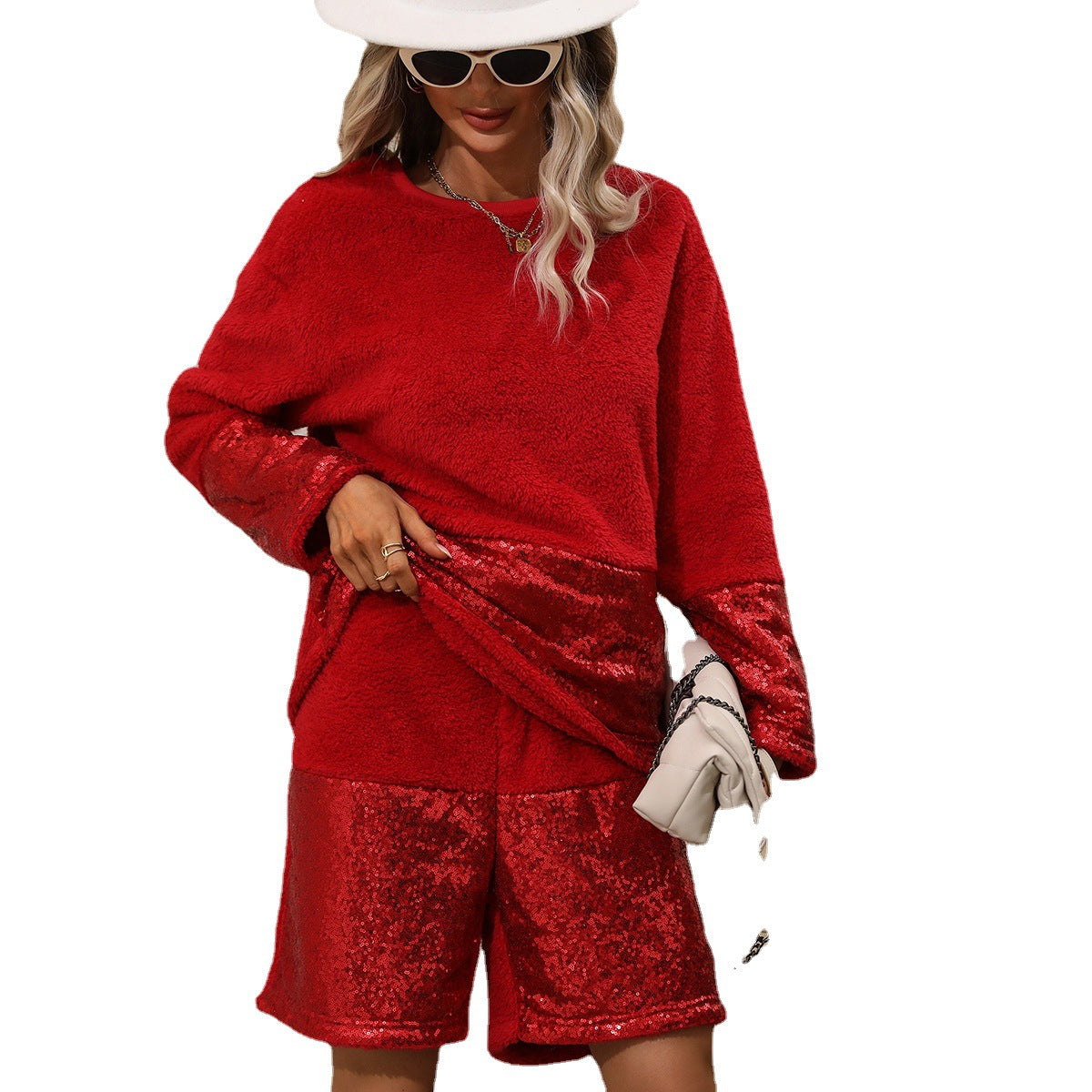 Autumn women's sweater suit shorts sequin stitching plush Christmas style two-piece set