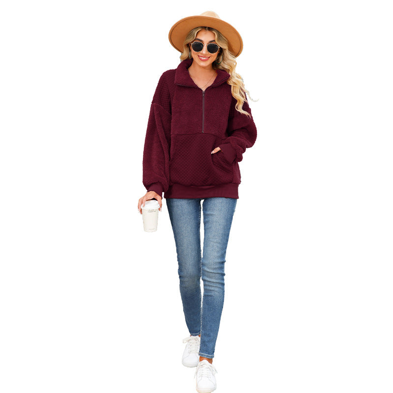Autumn women's round neck long sleeve pullover zipper mid-length solid color plush patchwork sweater