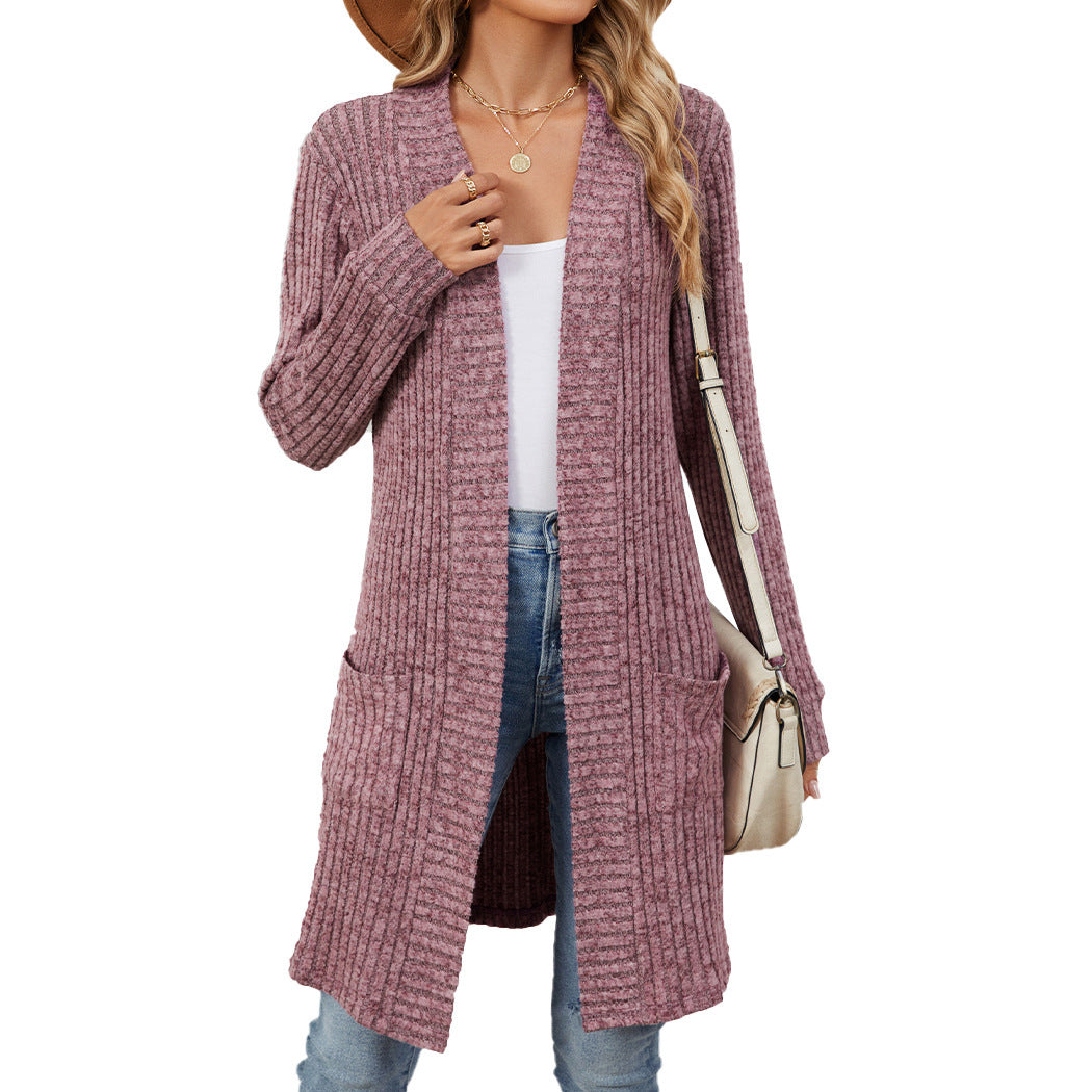Autumn and Winter long solid color long sleeve loose pockets cardigan coat women's clothing