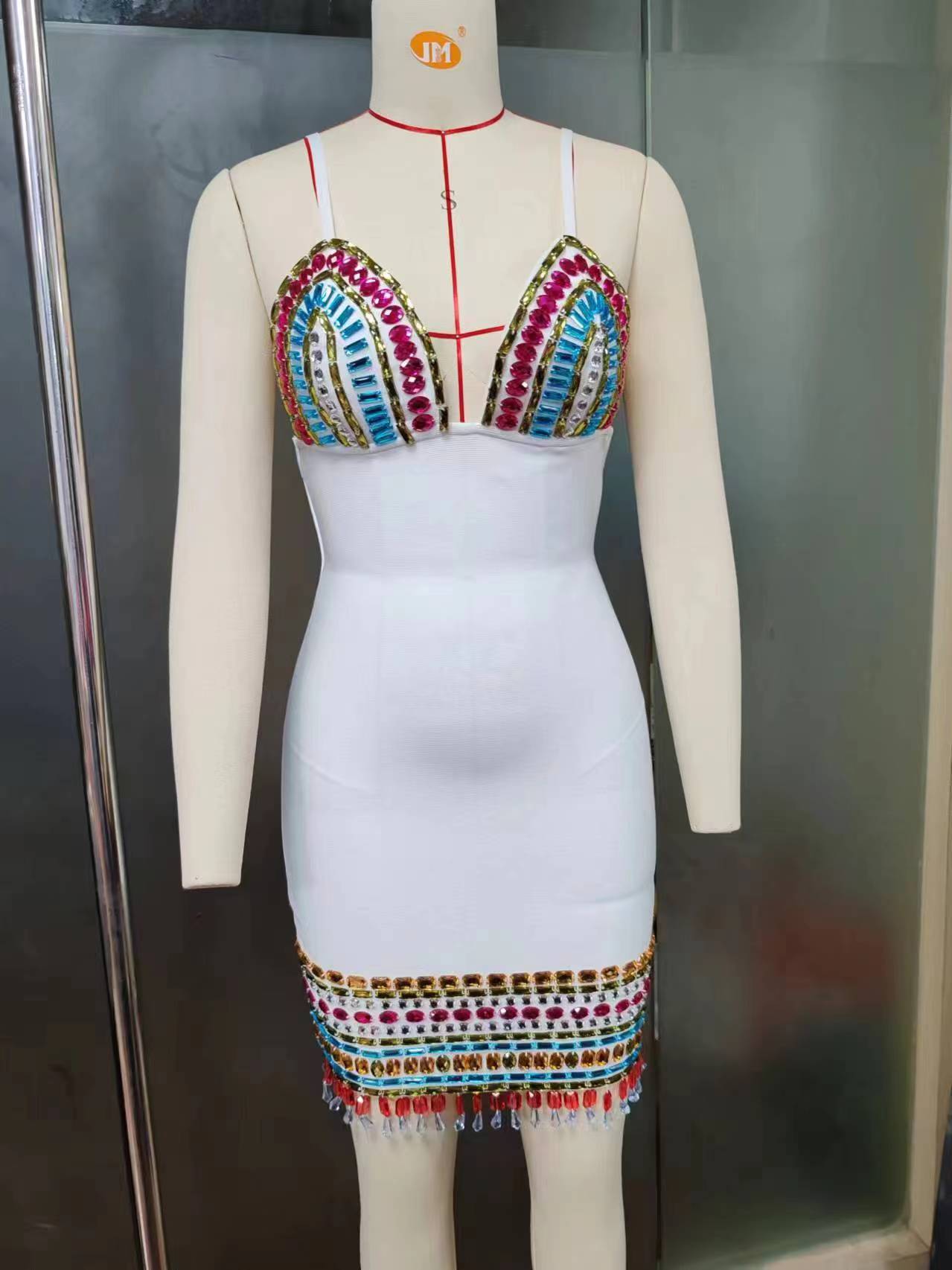 Colorful Crystals Sexy Low-Cut Sling Fashion Party Bandage Dress