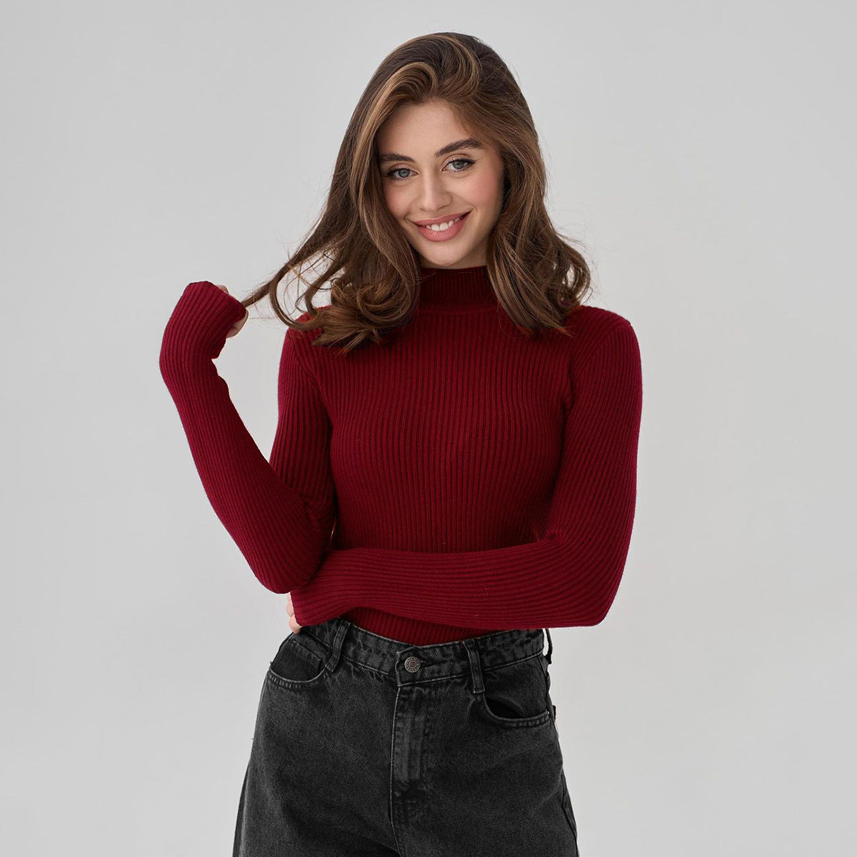 Pure Color half collar sweater autumn and winter women's slim knit bottoming shirt