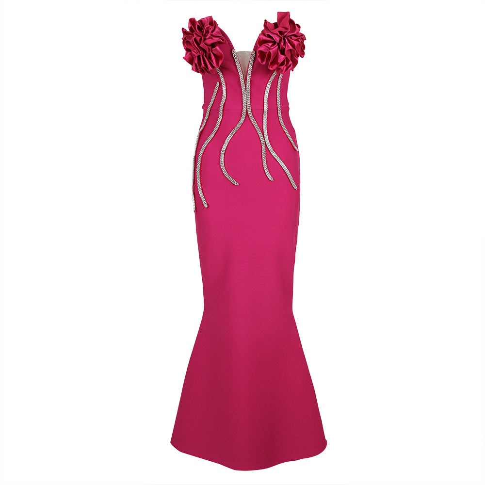 Bandage Dress Evening Gown Flower Diamond Chain Fish Tail Strapless