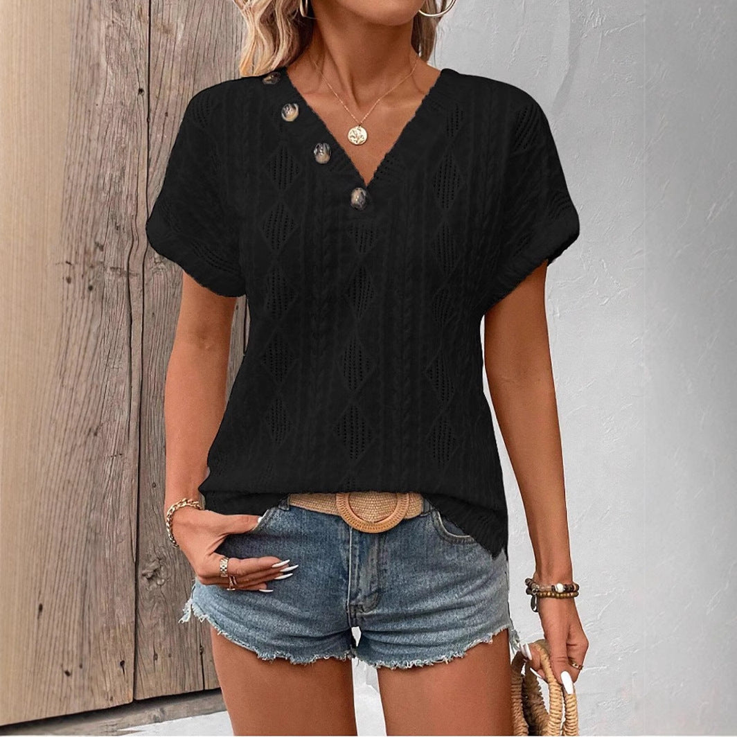 2025 Spring and Summer V-neck jacquard hollow loose short sleeves