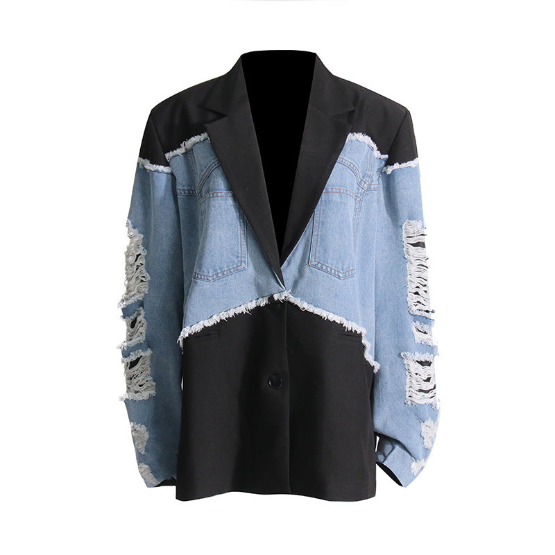 2024 Spring Retro Coat Contrast Color Stitching Suit Design Loose Denim Coat Women'S Jacket Top