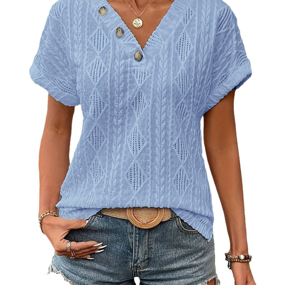 2025 Spring and Summer V-neck jacquard hollow loose short sleeves