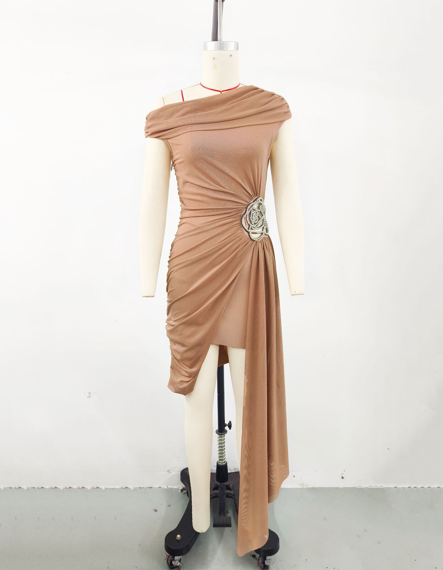 Women Black Cross Shoulder Flower Set Diamond Dress Party