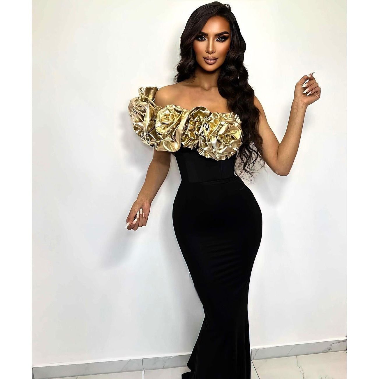 Off-Neck Golden 3D Flower Black Dress Banquet Evening Dress