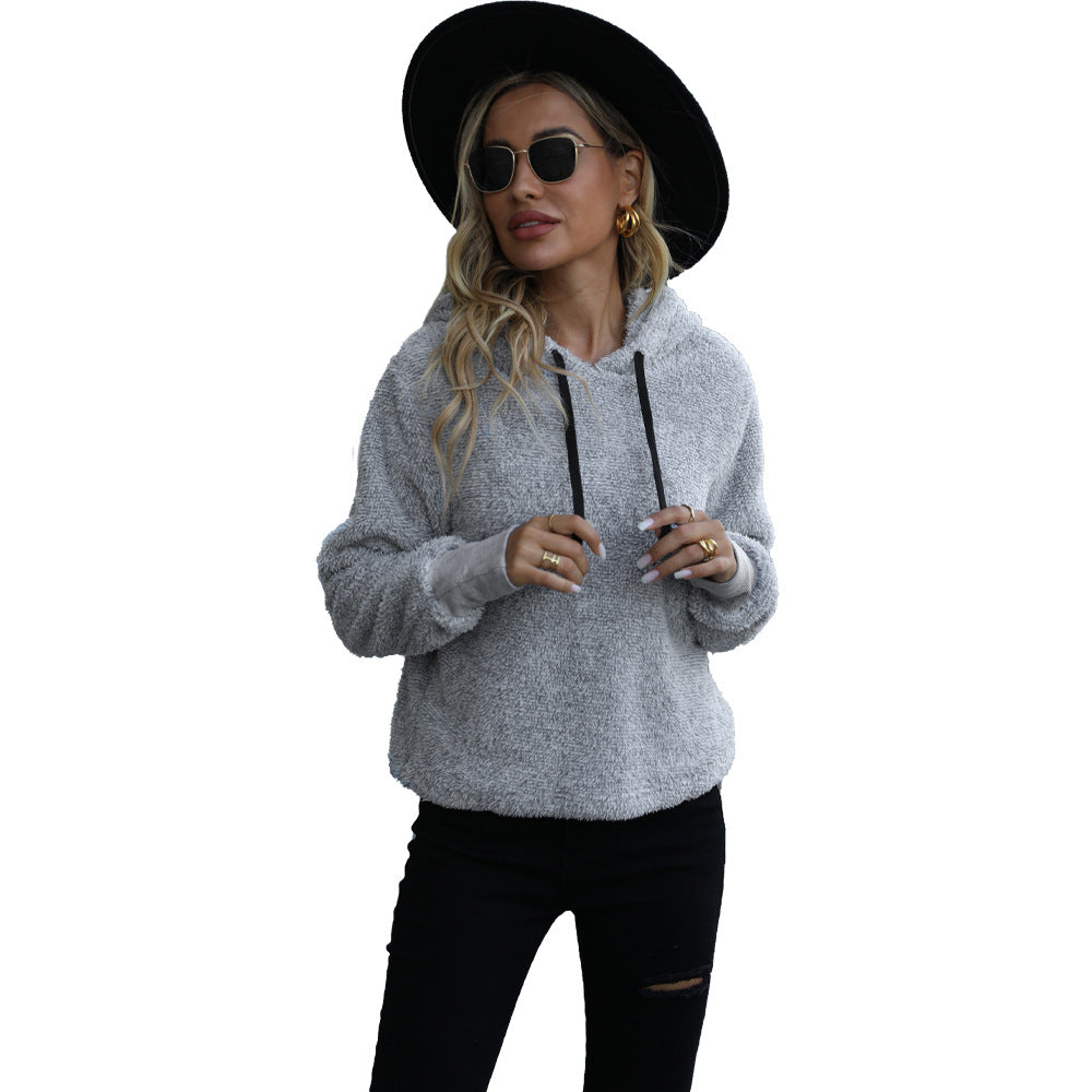 Autumn and Winter furry coat women's hooded loose cationic pocket pullover long sleeve sweater