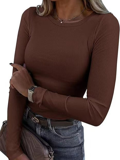 New women's long-sleeved round neck ribbed stretch T-shirt Slim fit casual bottoming solid color top