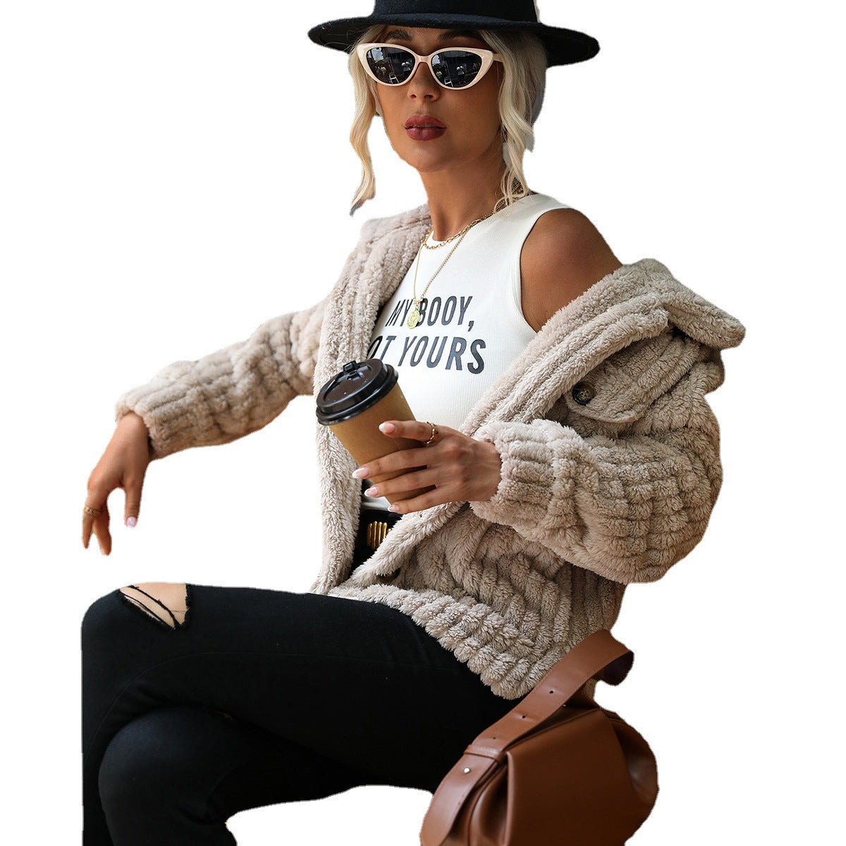 Women's double-sided velvet long-sleeved lapel breasted solid color mid-length plush coat