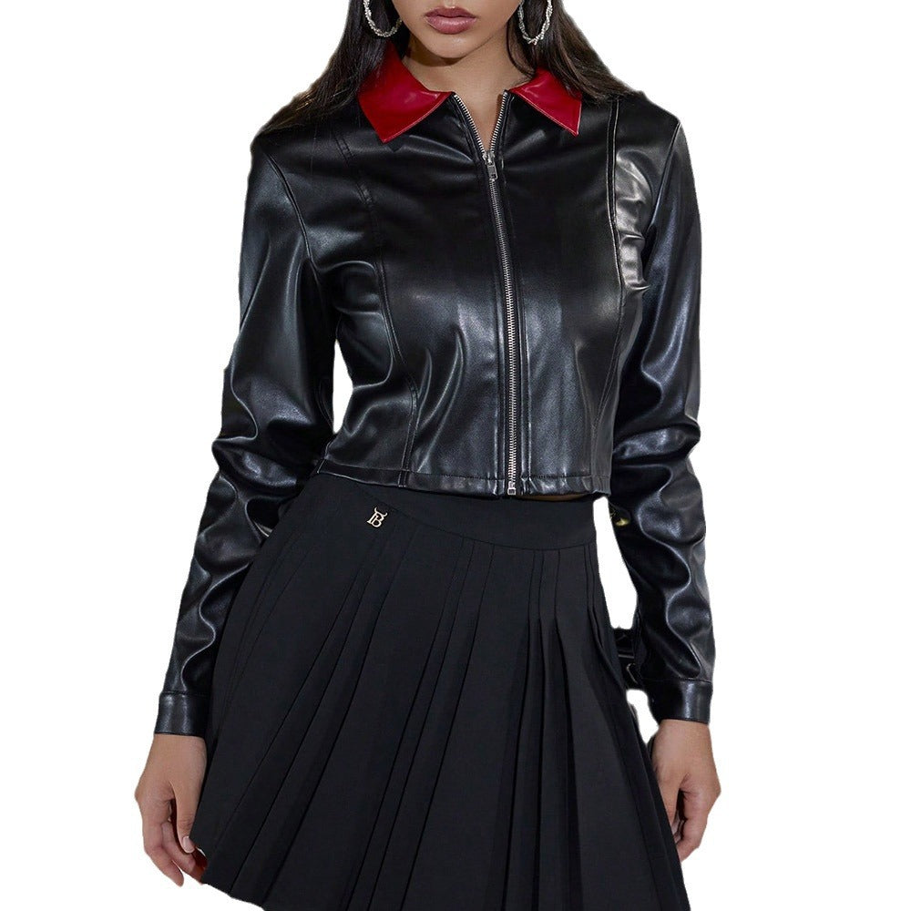 Sexy style leather jacket slim lapel long sleeve short PU leather coat women