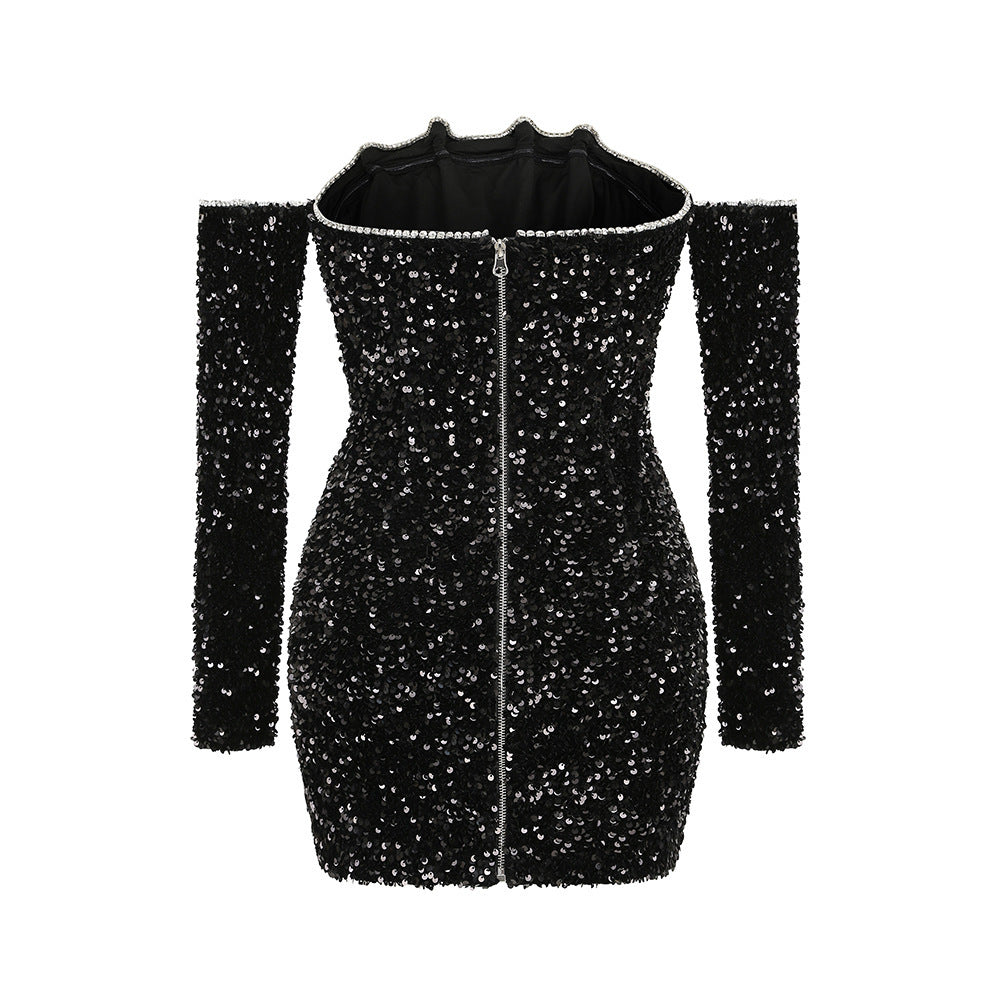 Women SexyClassic Black Off-Shoulder Sequined Long Sleeve Dress