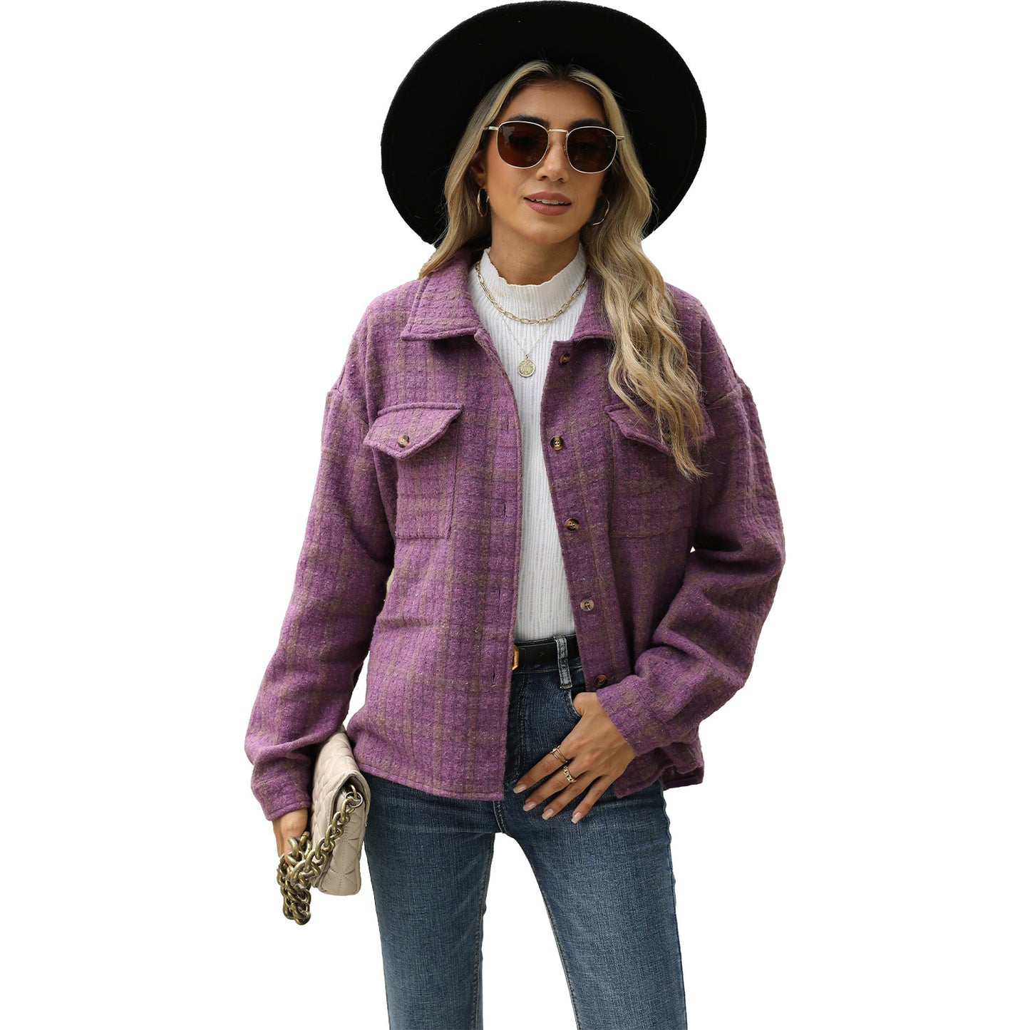 women's clothing autumn and winter polo collar Plaid long sleeve loose cardigan woolen coat