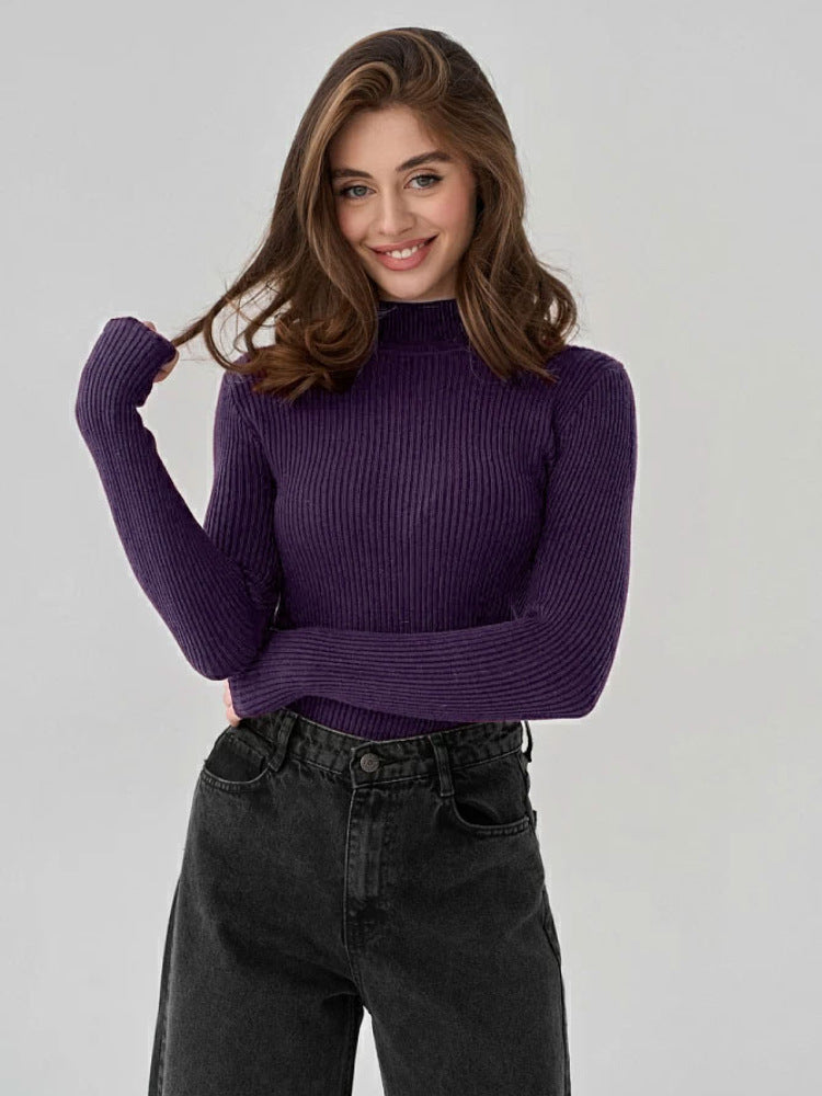 Pure Color half collar sweater autumn and winter women's slim knit bottoming shirt
