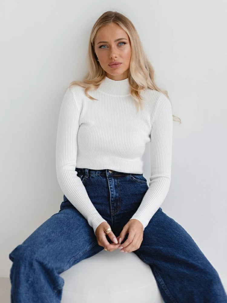Pure Color half collar sweater autumn and winter women's slim knit bottoming shirt