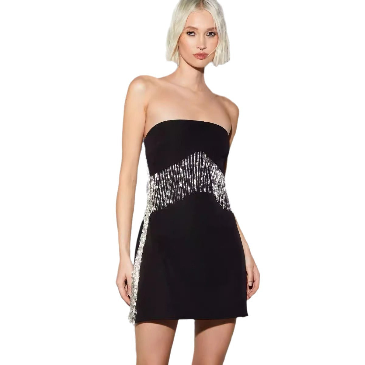 Summer women's 2024 black tube top fringed chain bandage skirt