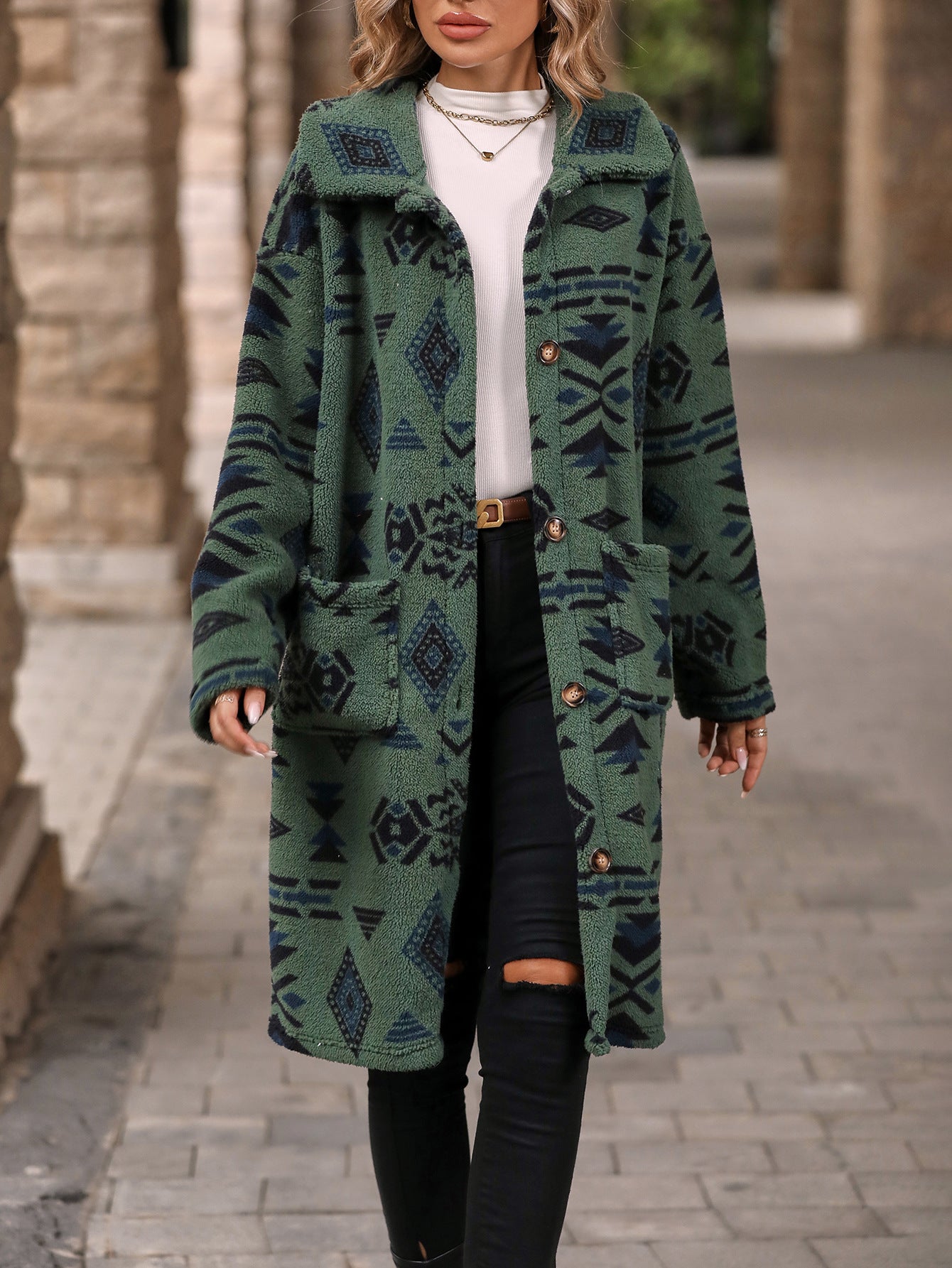 boho autumn and winter women's single-breasted ethnic print plush long overcoat outerwear(2025)