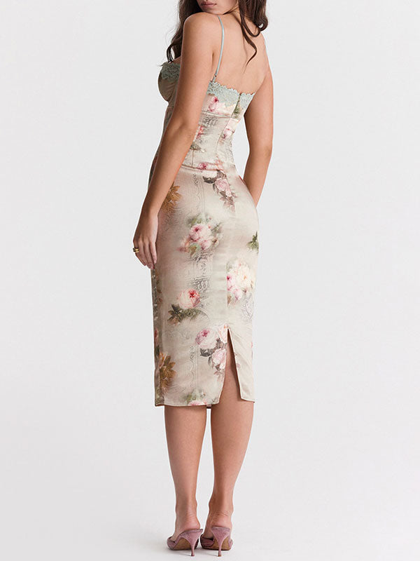 Lace Trim Printed Midi Dress