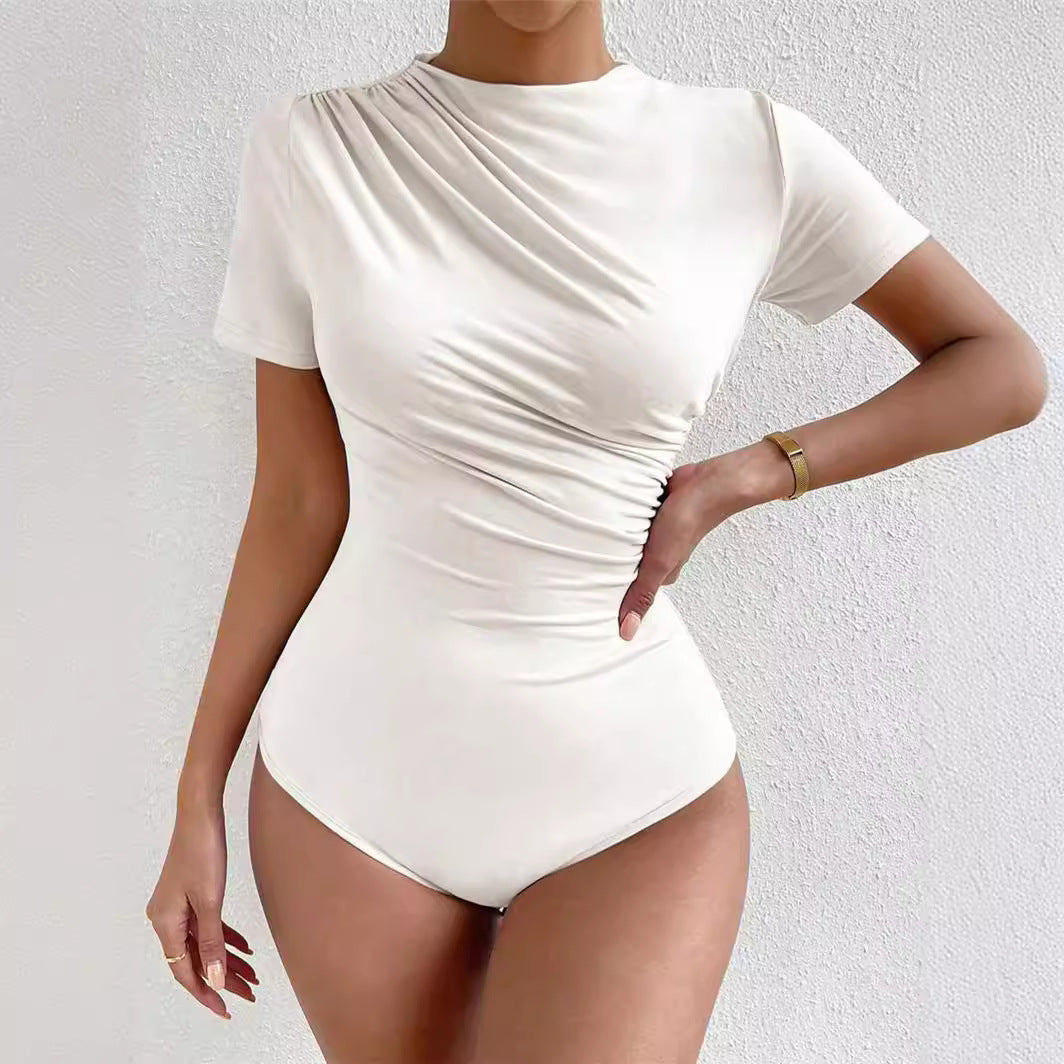Spring and summer new slim-fitting and thin pleated short-sleeved onesie women's T-shirt