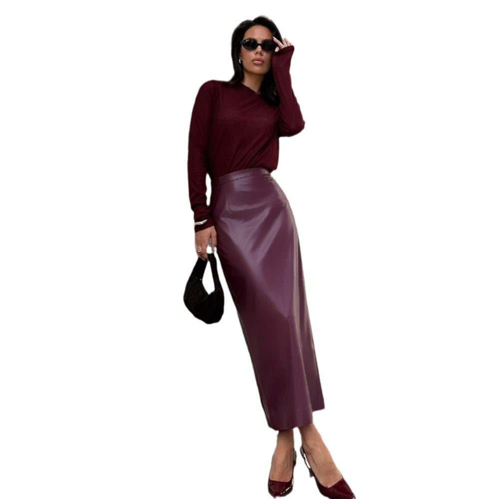 Autumn new sexy high-end leather skirt high waist slim slit sheath skirt