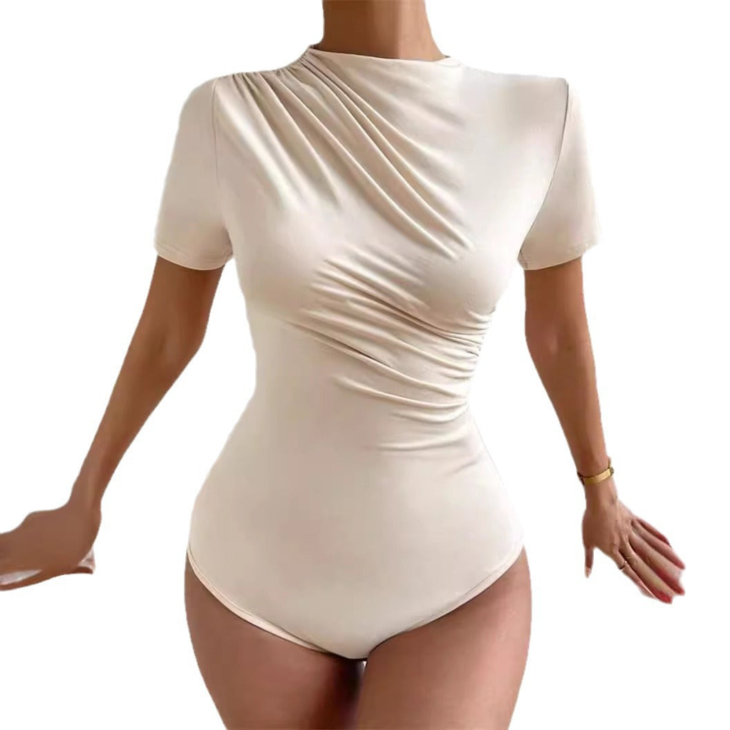 Spring and summer new slim-fitting and thin pleated short-sleeved onesie women's T-shirt
