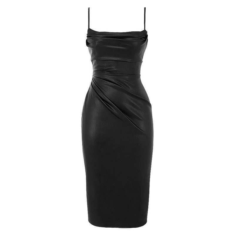 Party dress women nightclub sexy PU leather pleated suspender dress
