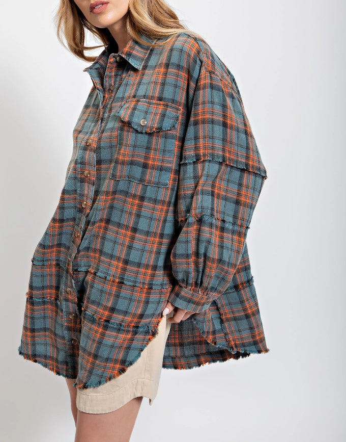 Women's autumn and winter new Amazon burrs lantern sleeves loose plaid shirt