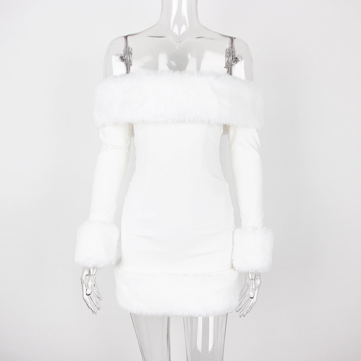 Black Plush Long Sleeve Off-Shoulder Dress Autumn Winter Backless Bodycon