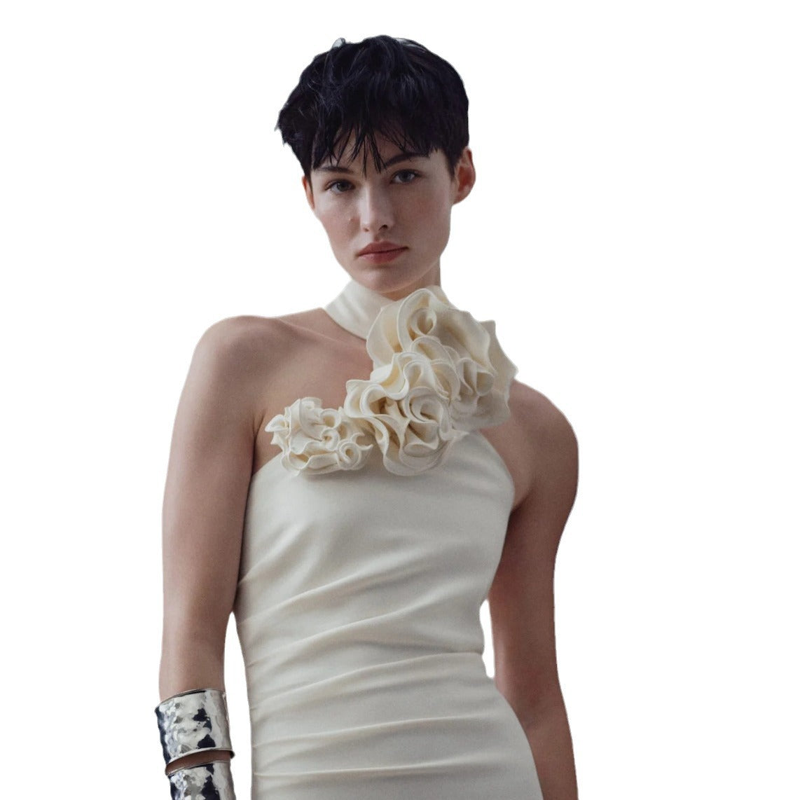 Women Floral Decoration Floor Length White Elegant Ribbon Dress