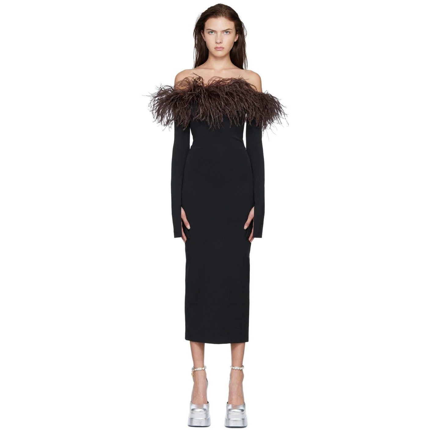 Ostrich Feather Black Long Sleeve Off-Shoulder Bandage Dress