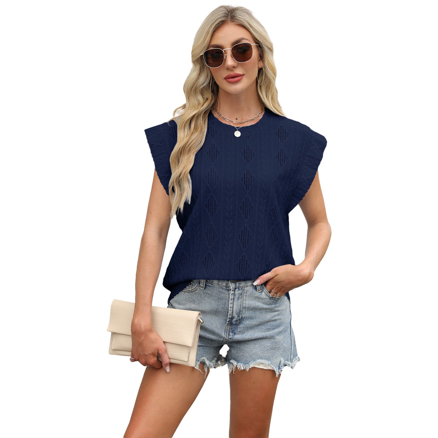 Spring and summer new round neck loose short-sleeved T-shirt jacquard top vest women